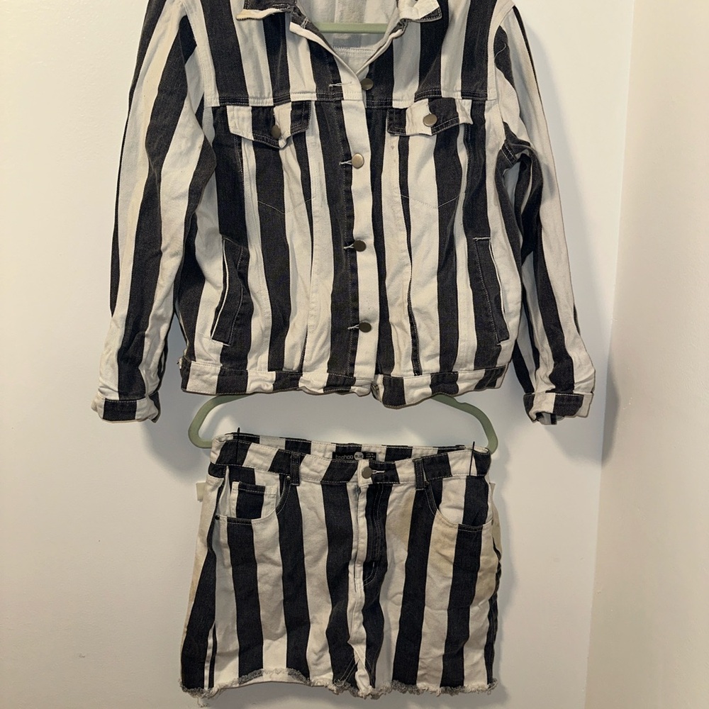 Boohoo Blue and White Striped Denim Jacket and Skirt Set